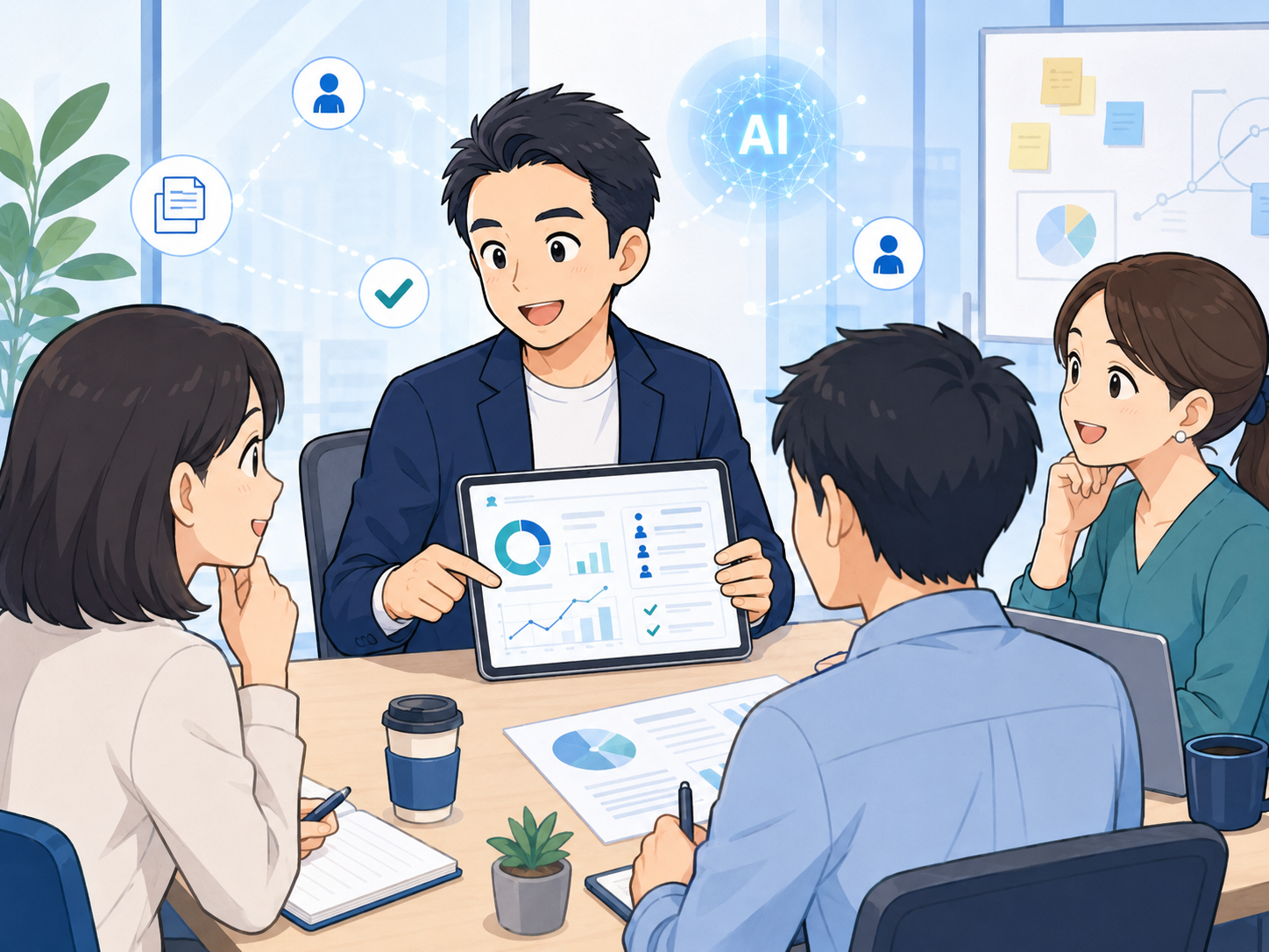 チームにAI活用の成果をプレゼンする人事担当者