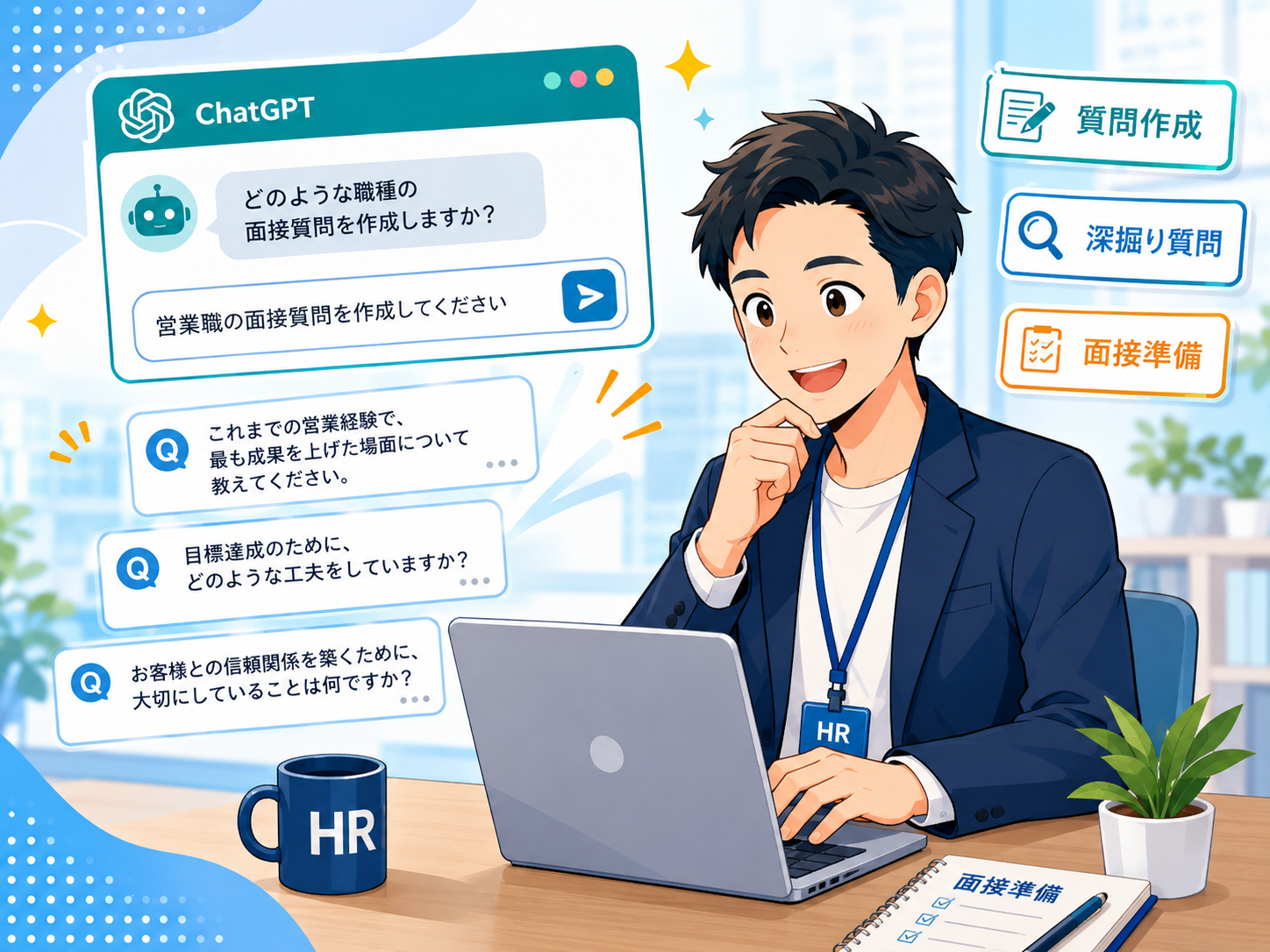 HRの人事担当者がChatGPTで面接質問を作成している様子