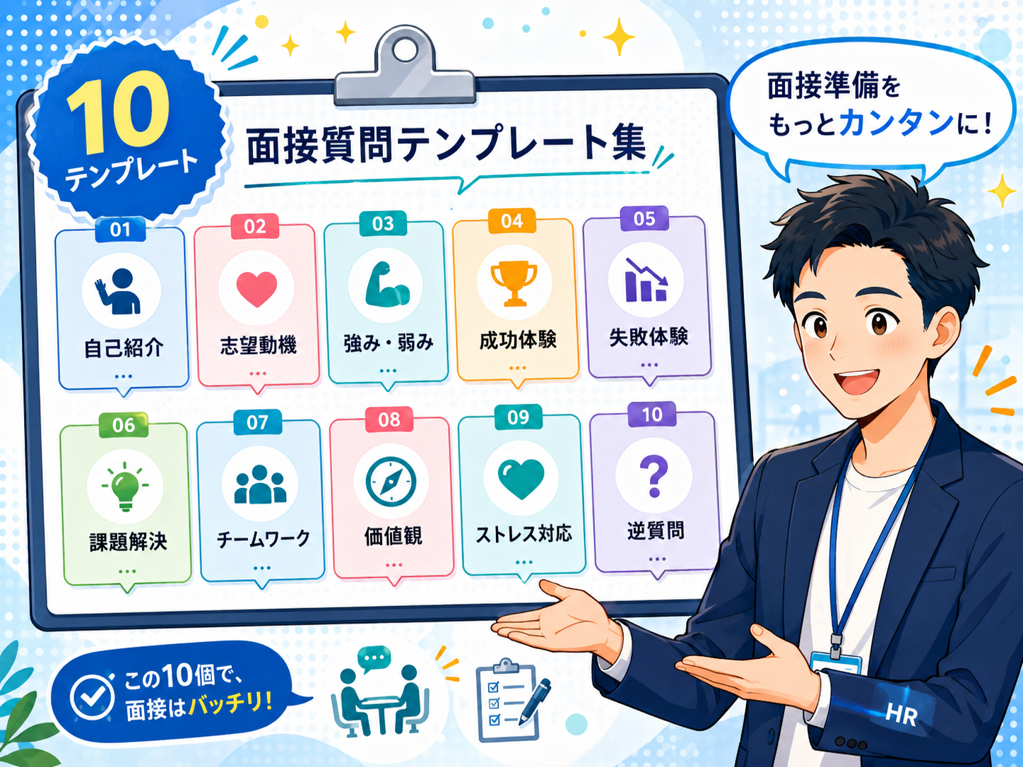面接質問テンプレート集10選：自己紹介・志望動機・強み弱みなど10カテゴリ